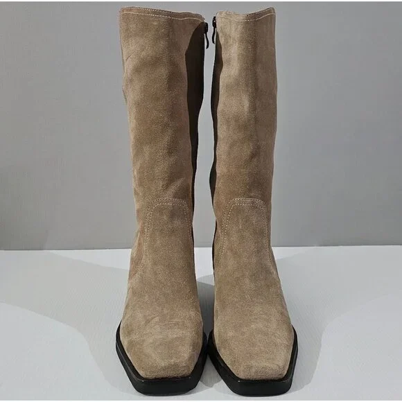 Vince Camuto Babellie Mid Calf Western Boot Square Toe Taupe Tan Suede Size 10 - Picture 6 of 14